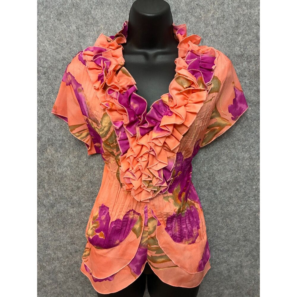Floral Artsy Maximalist Blouse Retro Size L Ruffled Collar Peplum Stretchy